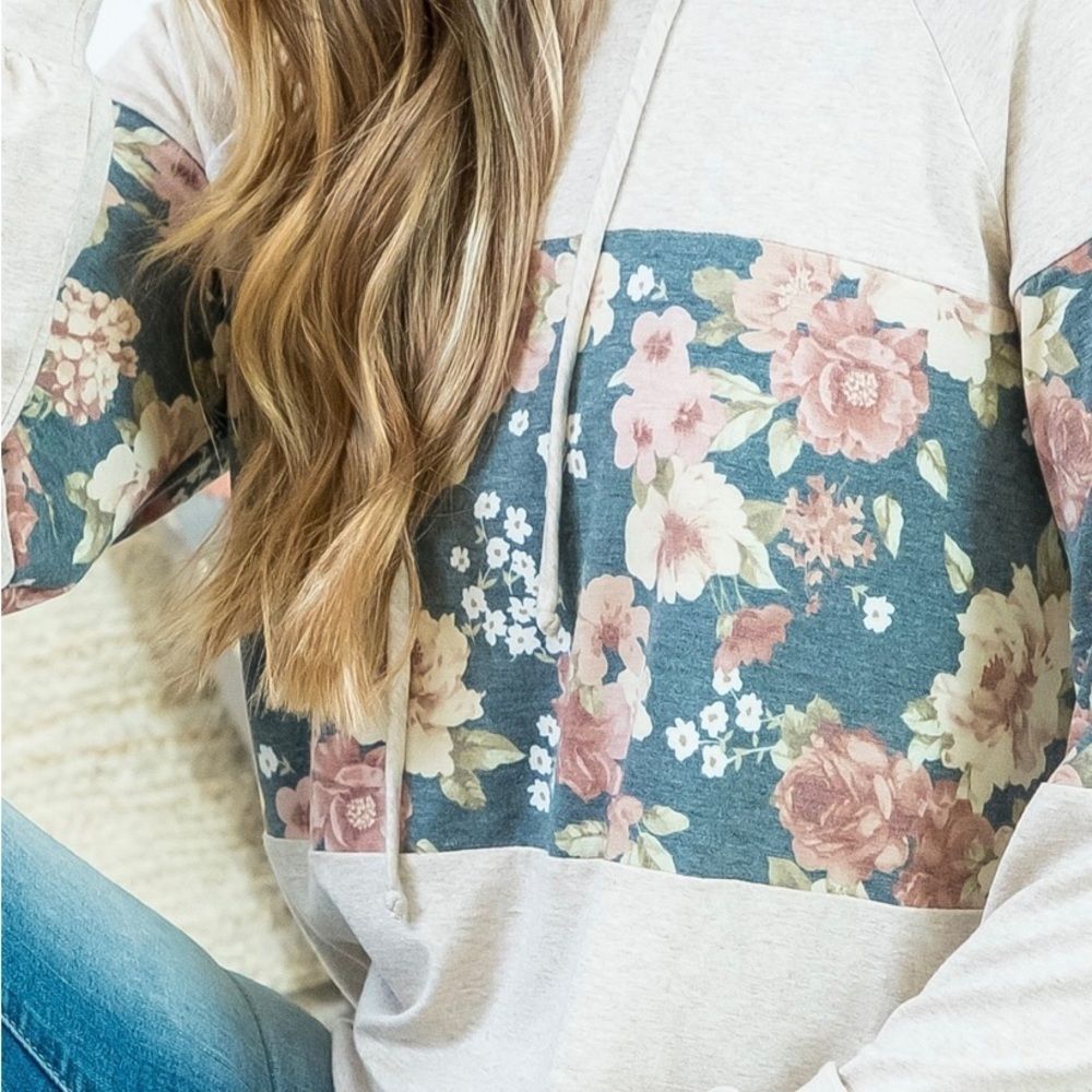 𝅺floral CONTRAST LONG SLEEVE HOODIE WITH SELF TIE-OATMEAL-BLACK/DARK CORAL! - Picture 5 of 6